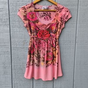 y2k Tomorrow USA Rose Butterfly Artsy Tattoo Print Empire Waist Tunic Top sz M